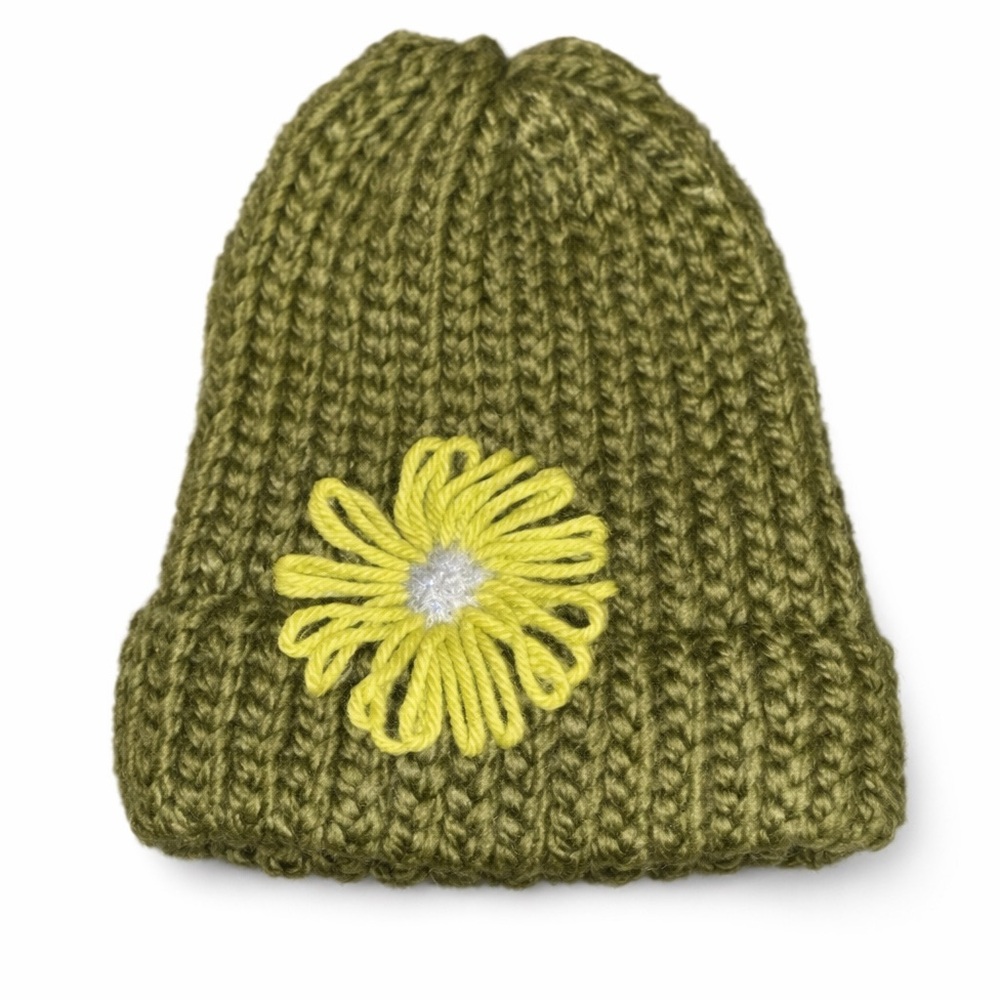 Hand Knit Beanie Hat Olive‎ Green Yellow Flower Accent 6-12 Months
